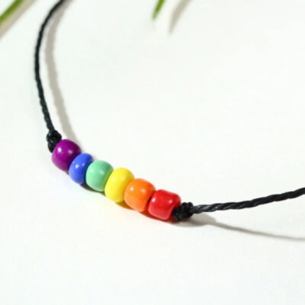 Unisex Rainbow Bead Adjustable Bracelet on Black Cord